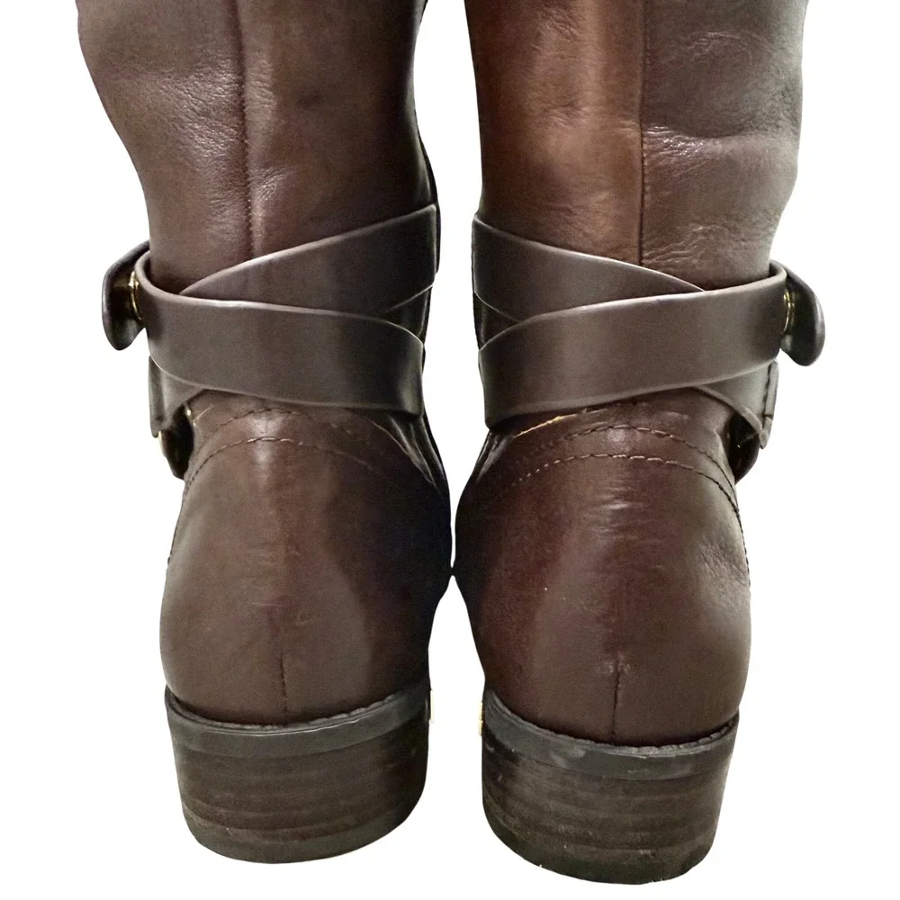 Vince Camuto Riding Boots Womens 8.5 Brown Leather Gold Hardware Tall